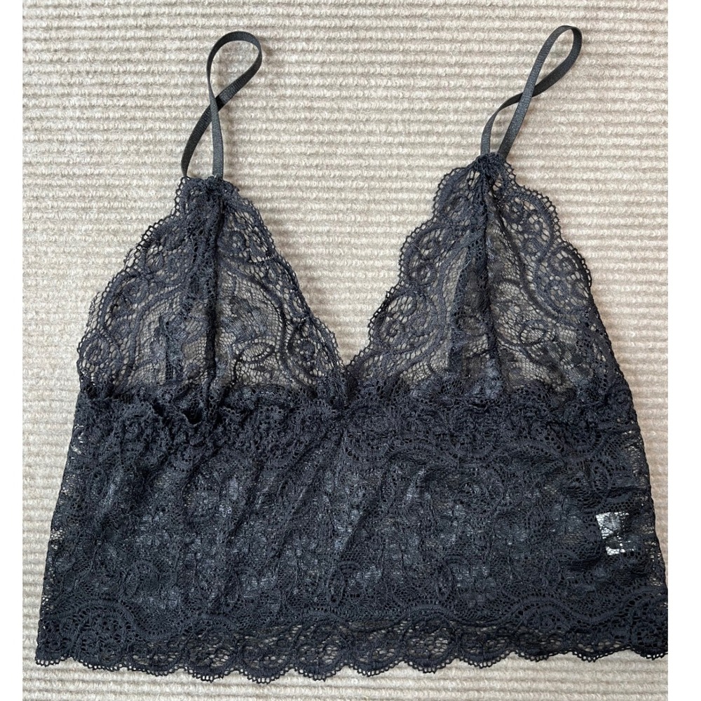 Black Floral Lace Bralette Sheer Adjustable Strap V-Neck Scallop Trim Size Large